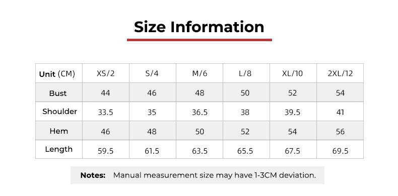 MTX731 — tabela rozmiarów