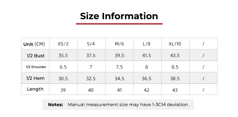 MTX732 — tabela rozmiarów